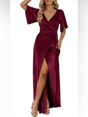 Women’s Burgundy Velvet Wrap Maxi Dress with Side Tie
